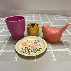 Spring Decor Accent Lot Purple Orchid & Mini Yellow Bunny Planters Ceramic Bird